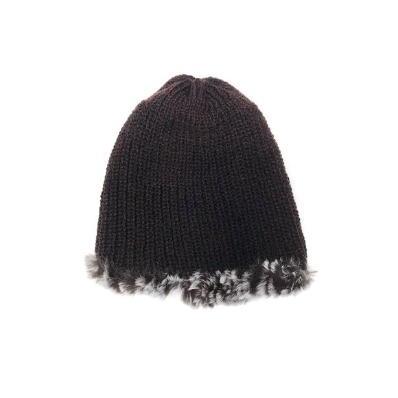 NWT Reversible Knit Beanie Genuine Fur Hat in Chocolate Brown Overstock MSRP $68 - Picture 3 of 5